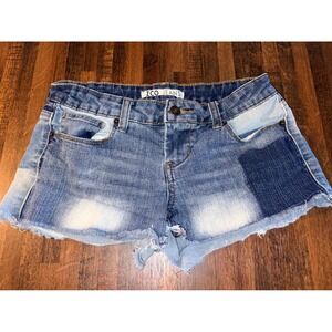 ZCO Jeans Womens Patchwork Denim Shorts Blue Multi Tone Raw Hem Size 5